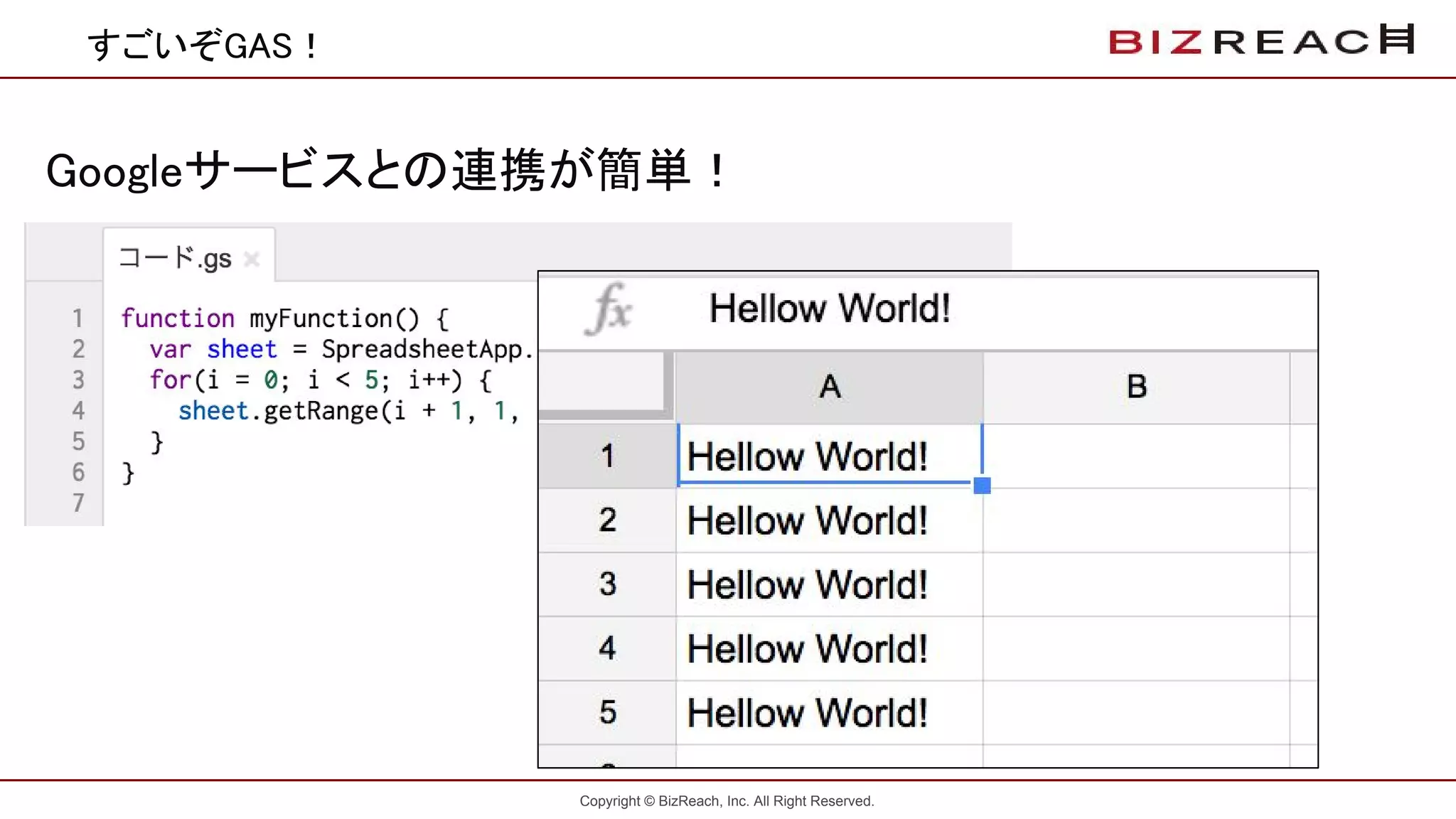 Copyright © BizReach, Inc. All Right Reserved.
すごいぞGAS！
Googleサービスとの連携が簡単！
 