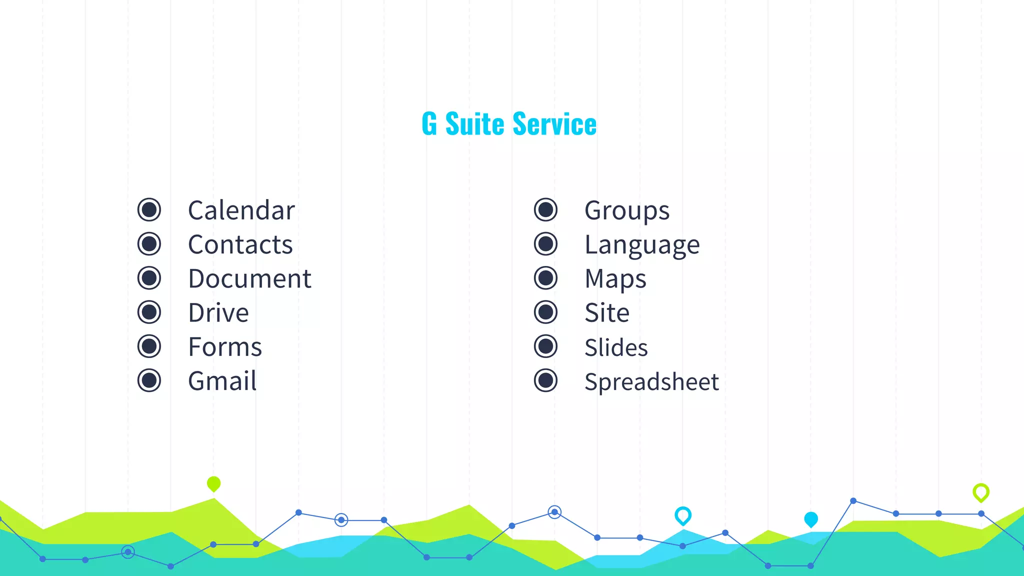 G Suite Service
◉ Calendar
◉ Contacts
◉ Document
◉ Drive
◉ Forms
◉ Gmail
◉ Groups
◉ Language
◉ Maps
◉ Site
◉ Slides
◉ Spreadsheet
 