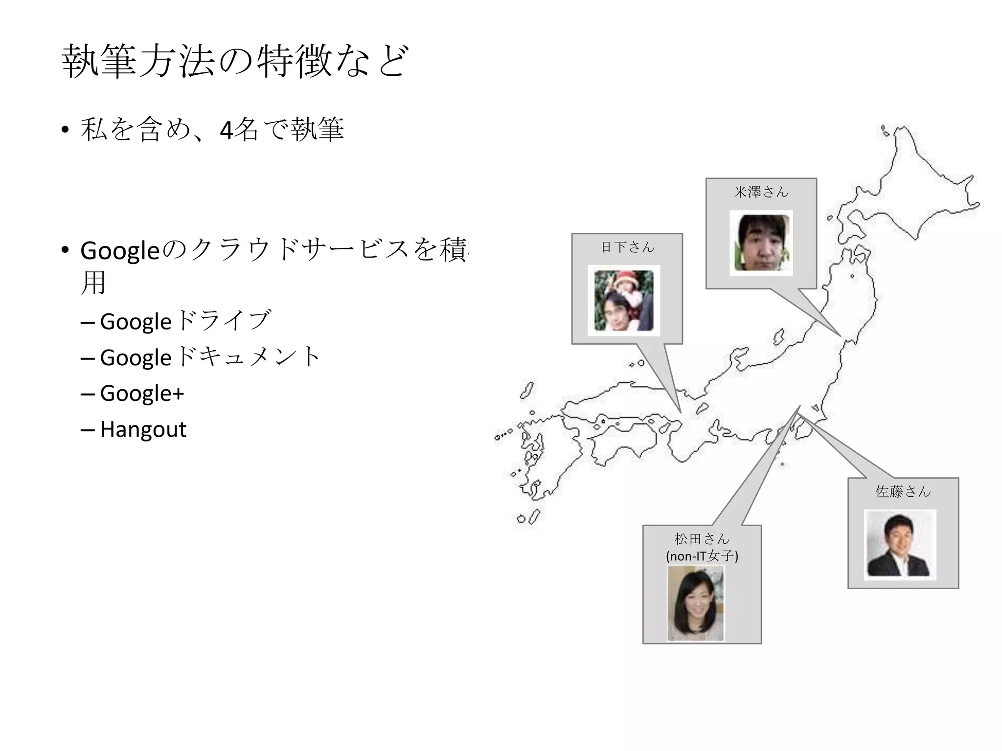 執筆方法の特徴など
• 私を含め、4名で執筆
• Googleのクラウドサービスを積極活
用
– Googleドライブ
– Googleドキュメント
– Google+
– Hangout
佐藤さん
米澤さん
松田さん
(non-IT女子)
日下さん
 