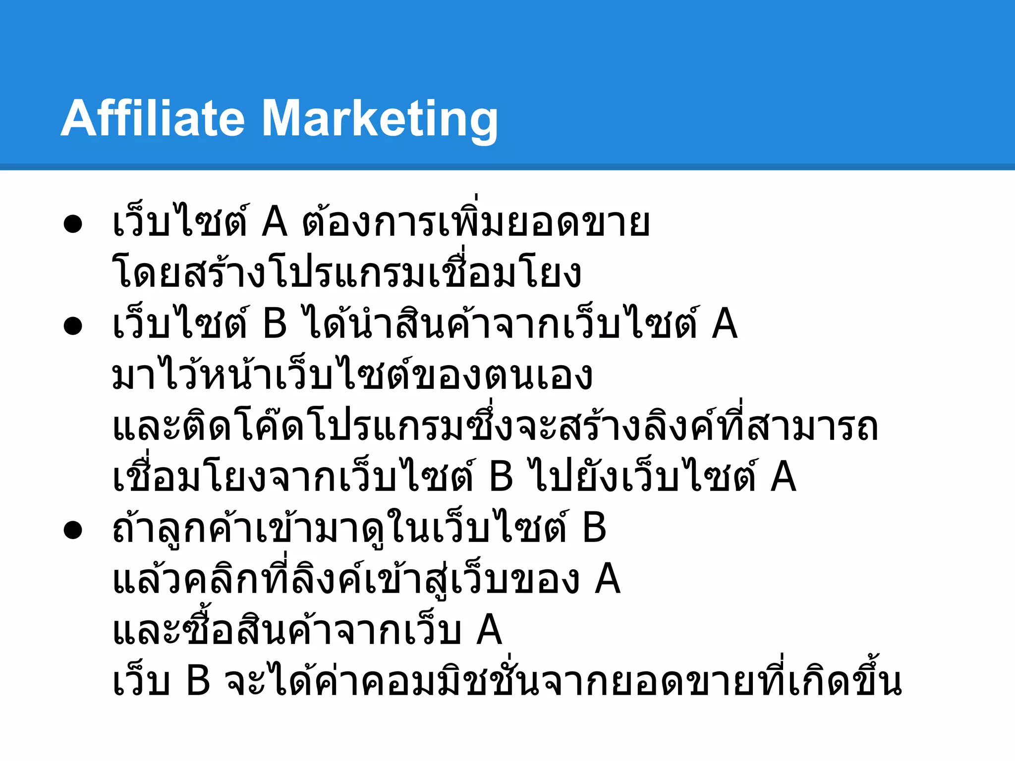 Affiliate Marketing
● เว็บไซต์ A ต ้องการเพิมยอดขาย
โดยสร ้างโปรแกรมเชือมโยง
● เว็บไซต์ B ได ้นําสินค ้าจากเว็บไซต์ A
มาไว ้หน้าเว็บไซต์ของตนเอง
และติดโค๊ดโปรแกรมซึงจะสร ้างลิงค์ทีสามารถ
เชือมโยงจากเว็บไซต์ B ไปยังเว็บไซต์ A
● ถ ้าลูกค ้าเข ้ามาดูในเว็บไซต์ B
แล ้วคลิกทีลิงค์เข ้าสู่เว็บของ A
และซือสินค ้าจากเว็บ A
เว็บ B จะได ้ค่าคอมมิชชันจากยอดขายทีเกิดขึน
 