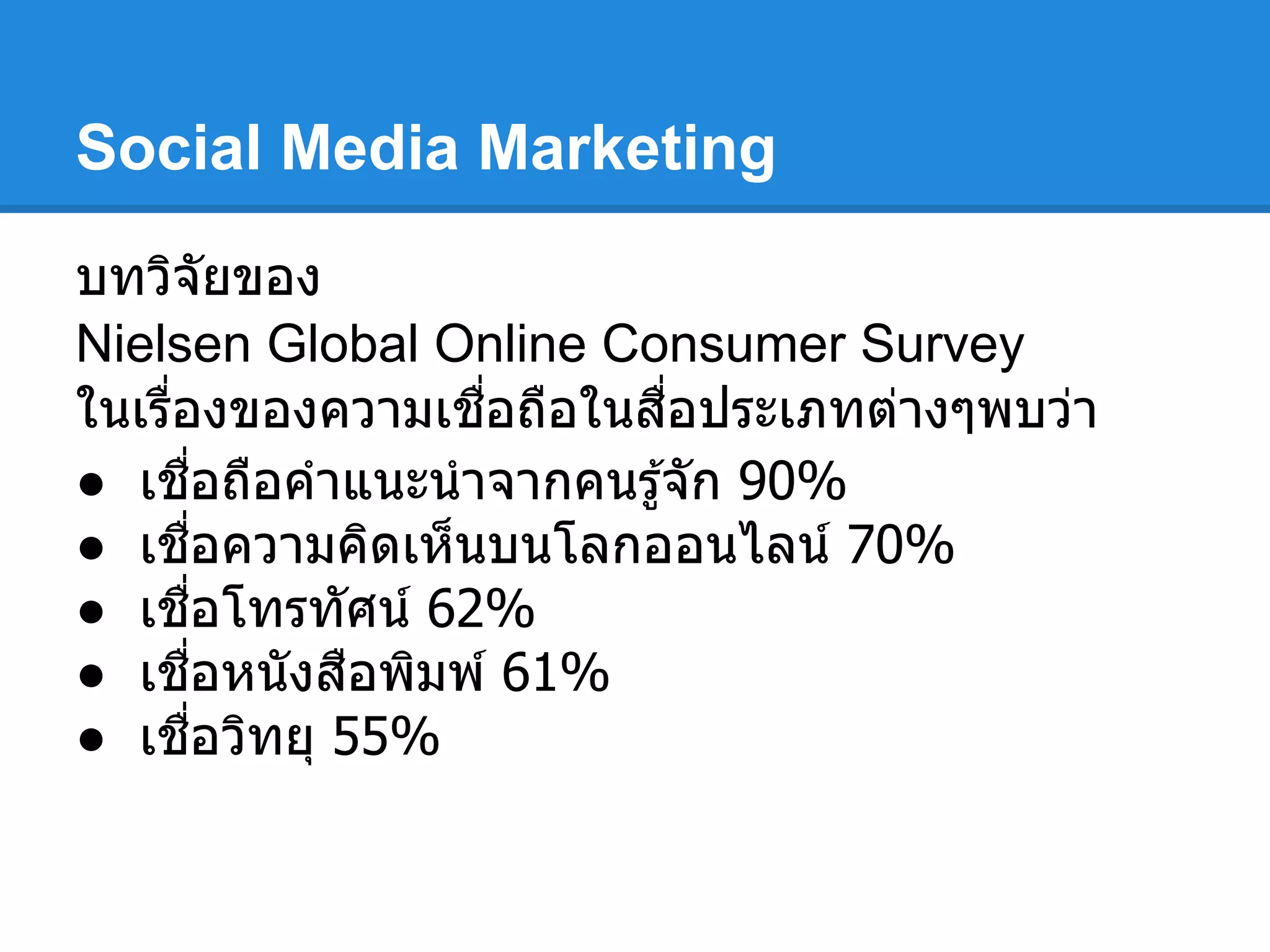 Social Media Marketing
บทวิจัยของ
Nielsen Global Online Consumer Survey
ในเรืองของความเชือถือในสือประเภทต่างๆพบว่า
● เชือถือคําแนะนําจากคนรู้จัก 90%
● เชือความคิดเห็นบนโลกออนไลน์ 70%
● เชือโทรทัศน์ 62%
● เชือหนังสือพิมพ์ 61%
● เชือวิทยุ 55%
 