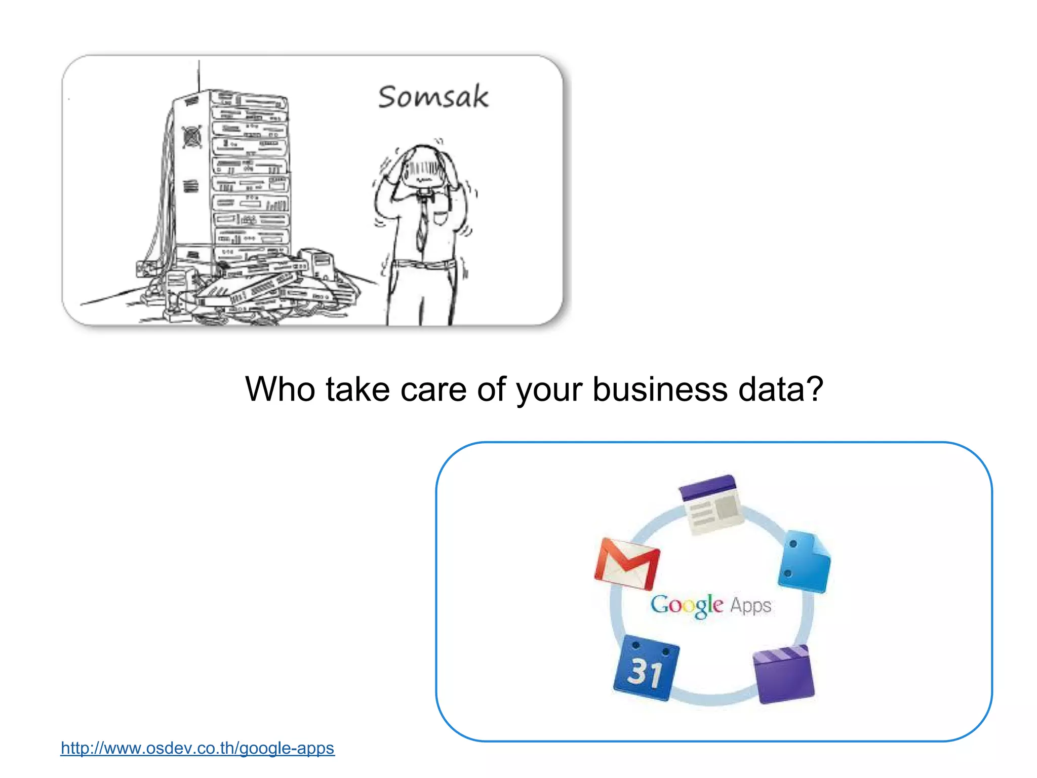 Who take care of your business data?
http://www.osdev.co.th/google-apps
 