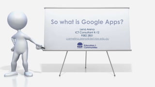 So what is Google Apps?
              Lena Arena
          ICT Consultant K-12
               9582 2851
    carmelina.arena@det.nsw.edu.au
 