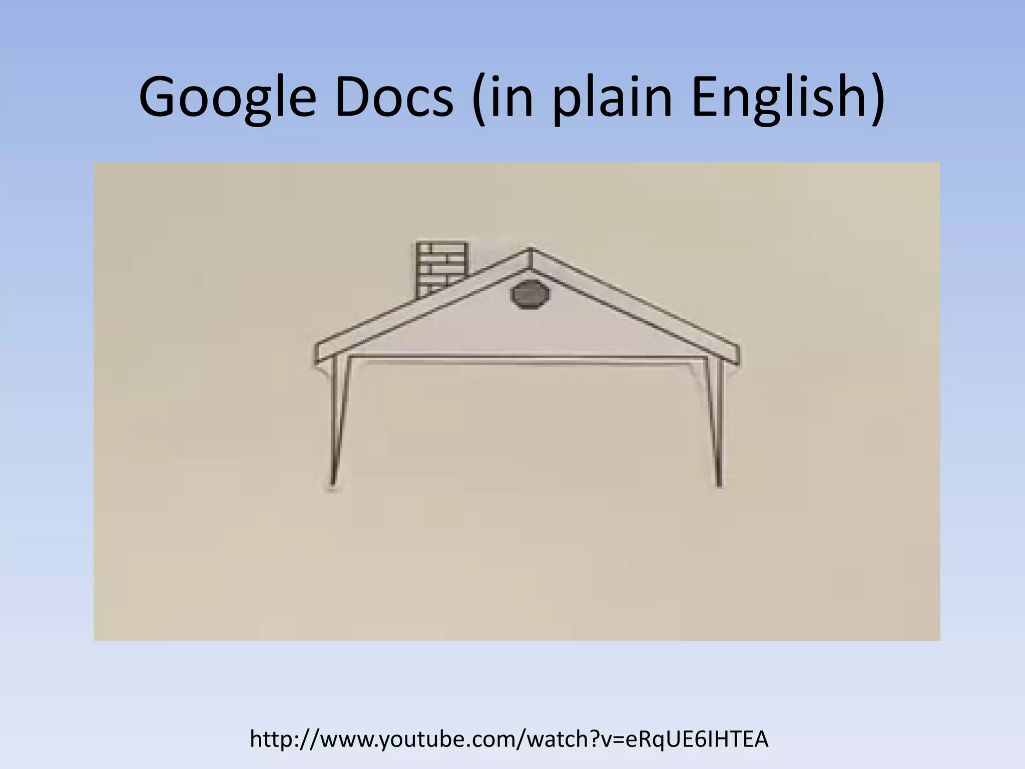 Google Docs (in plain English)




    http://www.youtube.com/watch?v=eRqUE6IHTEA
 