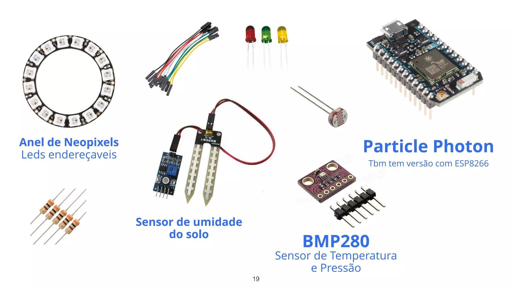 19
Particle Photon
Tbm tem versão com ESP8266
Sensor de umidade 
do solo
BMP280
Sensor de Temperatura
e Pressão
Anel de Neopixels 
Leds endereçaveis
 