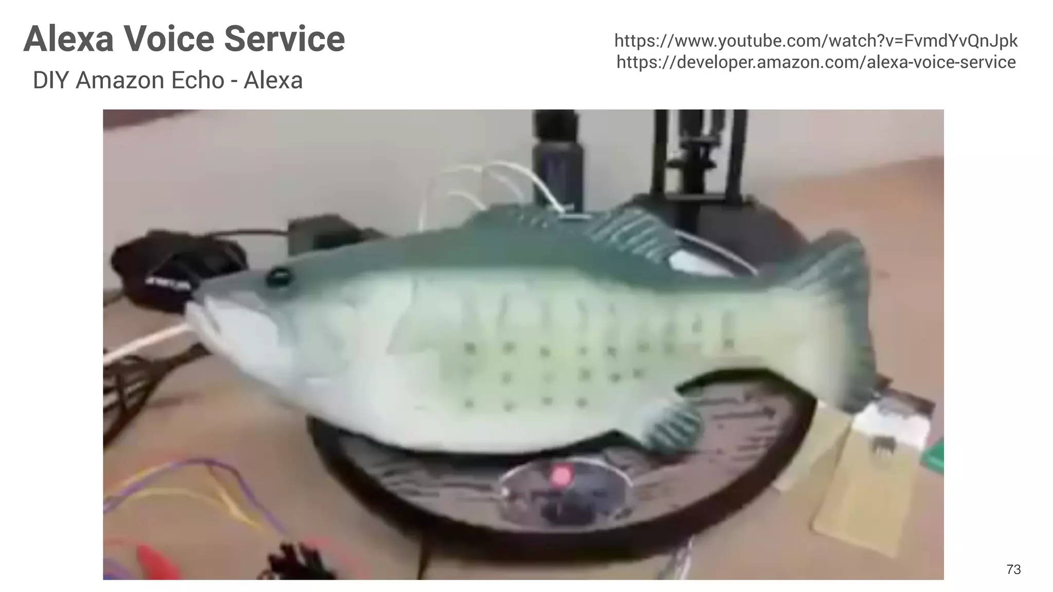 73
https://www.youtube.com/watch?v=FvmdYvQnJpk
https://developer.amazon.com/alexa-voice-service
Alexa Voice Service
DIY Amazon Echo - Alexa
 