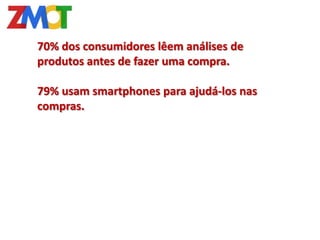 70% dos consumidores lêem análises de
produtos antes de fazer uma compra.

79% usam smartphones para ajudá-los nas
compras.
 