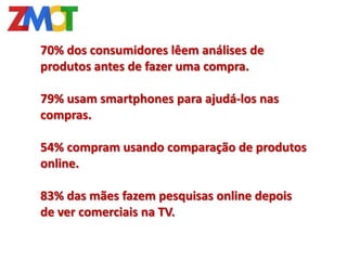 70% dos consumidores lêem análises de
produtos antes de fazer uma compra.

79% usam smartphones para ajudá-los nas
compras.

54% compram usando comparação de produtos
online.

83% das mães fazem pesquisas online depois
de ver comerciais na TV.
 