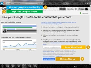 Visit plus.google.com/authorship
Enter Work Email
1
2 Sign in to Google Account
Click on Sign up
3
4
 