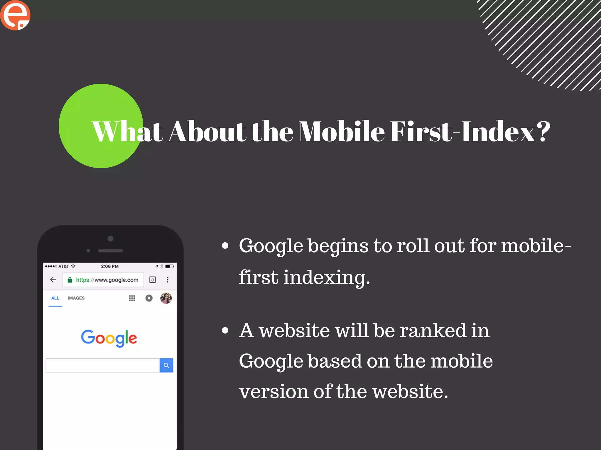 What About the Mobile First-Index?
Google begins to roll out for mobile-
first indexing.
A website will be ranked in
Google based on the mobile
version of the website.
 