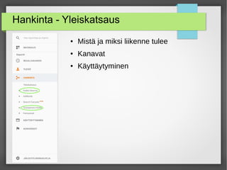 Hankinta - Yleiskatsaus
● Mistä ja miksi liikenne tulee
● Kanavat
● Käyttäytyminen
 