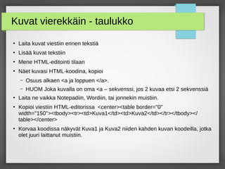 Kuvat vierekkäin - taulukko
●
Laita kuvat viestiin ennen tekstiä
●
Lisää kuvat tekstiin
●
Mene HTML-editointi tilaan
●
Näet kuvasi HTML-koodina, kopioi
– Osuus alkaen <a ja loppuen </a>.
– HUOM Joka kuvalla on oma <a – sekvenssi, jos 2 kuvaa etsi 2 sekvenssiä
●
Laita ne vaikka Notepadiin, Wordiin, tai jonnekin muistiin.
●
Kopioi viestiin HTML-editorissa <center><table border="0"
width="150"><tbody><tr><td>Kuva1</td><td>Kuva2</td></tr></tbody></
table></center>
●
Korvaa koodissa näkyvät Kuva1 ja Kuva2 niiden kahden kuvan koodeilla, jotka
olet juuri laittanut muistiin.
 