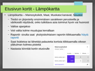 Etusivun kortit - Lämpökartta
●
Lämpökartta – Mainosyksiköt, Maat, Muokatut kanavat, Sivustot
– Tiedot on järjestetty ensimmäisen sarakkeen perusteella ja
värikoodit näyttävät, onko tutkittava asia toiminut hyvin vai huonosti
– Valitse ajanjakso
– Voit valita kolme muuttujaa kerrallaan
– Raportit- sivulta saat yksityiskohtaisen raportin klikkaamalla Näytä
raportti
– Saat lisätietoa tai lähettää palautetta kortista klikkaamalla oikean
yläkulman kolmea pistettä
– Nastasta kiinnität kortin etusivulle
 