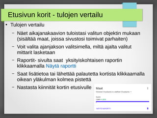 Etusivun korit - tulojen vertailu
●
Tulojen vertailu
– Näet aikajanakaavion tuloistasi valitun objektin mukaan
(sisältää maat, joissa sivustosi toimivat parhaiten)
– Voit valita ajanjakson valitsimella, miltä ajalta valitut
mittarit lasketaan
– Raportit- sivulta saat yksityiskohtaisen raportin
klikkaamalla Näytä raportti
– Saat lisätietoa tai lähettää palautetta kortista klikkaamalla
oikean yläkulman kolmea pistettä
– Nastasta kiinnität kortin etusivulle
 