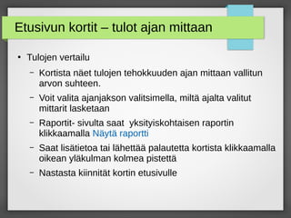 Etusivun kortit – tulot ajan mittaan
●
Tulojen vertailu
– Kortista näet tulojen tehokkuuden ajan mittaan vallitun
arvon suhteen.
– Voit valita ajanjakson valitsimella, miltä ajalta valitut
mittarit lasketaan
– Raportit- sivulta saat yksityiskohtaisen raportin
klikkaamalla Näytä raportti
– Saat lisätietoa tai lähettää palautetta kortista klikkaamalla
oikean yläkulman kolmea pistettä
– Nastasta kiinnität kortin etusivulle
 