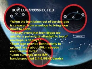 How loon connected 
*When the loon taken out of service,gas 
is released from envelope to bring loon 
down to earth 
*In likely event that loon drops too 
quickly ,a parachute attached to top of 
envelope is deployed 
*Each loon provide connectivity to 
ground area about 40km speeds 
comparable to 3G 
*Loon currently uses ISM 
bands(specified 2.4-5.8GHZ bands) 
 