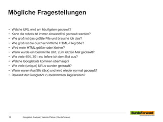 Mögliche Fragestellungen
10 Googlebot Analyse | Valentin Pletzer | BurdaForward
•  Welche URL wird am häufigsten gecrawlt?
•  Kann die robots.txt immer einwandfrei gecrawlt werden?
•  Wie groß ist das größte File und brauche ich das?
•  Wie groß ist die durchschnittliche HTML-Filegröße?
•  Wird mein HTML größer oder kleiner?
•  Wann wurde ein bestimmte URL zum letzten Mal gecrawlt?
•  Wie viele 404, 301 etc liefere ich dem Bot aus?
•  Welche Googlebots kommen überhaupt?
•  Wie viele (unique) URLs wurden gecrawlt?
•  Wann waren Ausfälle (5xx) und wird wieder normal gecrawlt?
•  Drosselt der Googlebot zu bestimmten Tageszeiten?
 