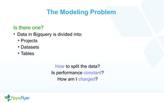 The Modeling Problem
Is there one?
• Data in Bigquery is divided into:
●
Projects
●
Datasets
●
Tables
How to split the data?
Is performance constant?
How am I charged?
 