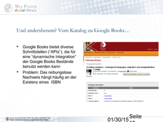 01/30/15
Seite
Und andersherum? Vom Katalog zu Google Books…
 Google Books bietet diverse
Schnittstellen (“APIs”), die für
eine “dynamische Integration”
der Google Books Bestände
benutzt werden kann
 Problem: Das reibungslose
Nachweis hängt häufig an der
Existenz eines ISBN
 