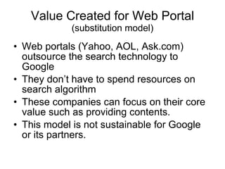 Value Created for Web Portal (substitution model) Web portals (Yahoo, AOL, Ask.com) outsource the search technology to Google They don’t have to spend resources on search algorithm These companies can focus on their core value such as providing contents. This model is not sustainable for Google or its partners.  