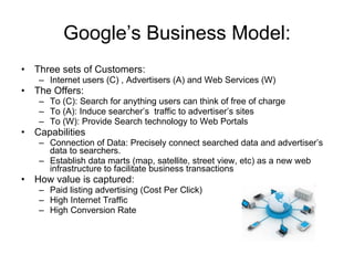 Google’s Business Model: Three sets of Customers: Internet users (C) , Advertisers (A) and Web Services (W)  The Offers:  To (C): Search for anything users can think of free of charge To (A): Induce searcher’s  traffic to advertiser’s sites To (W): Provide Search technology to Web Portals  Capabilities Connection of Data: Precisely connect searched data and advertiser’s data to searchers. Establish data marts (map, satellite, street view, etc) as a new web infrastructure to facilitate business transactions How value is captured:  Paid listing advertising (Cost Per Click) High Internet Traffic High Conversion Rate  