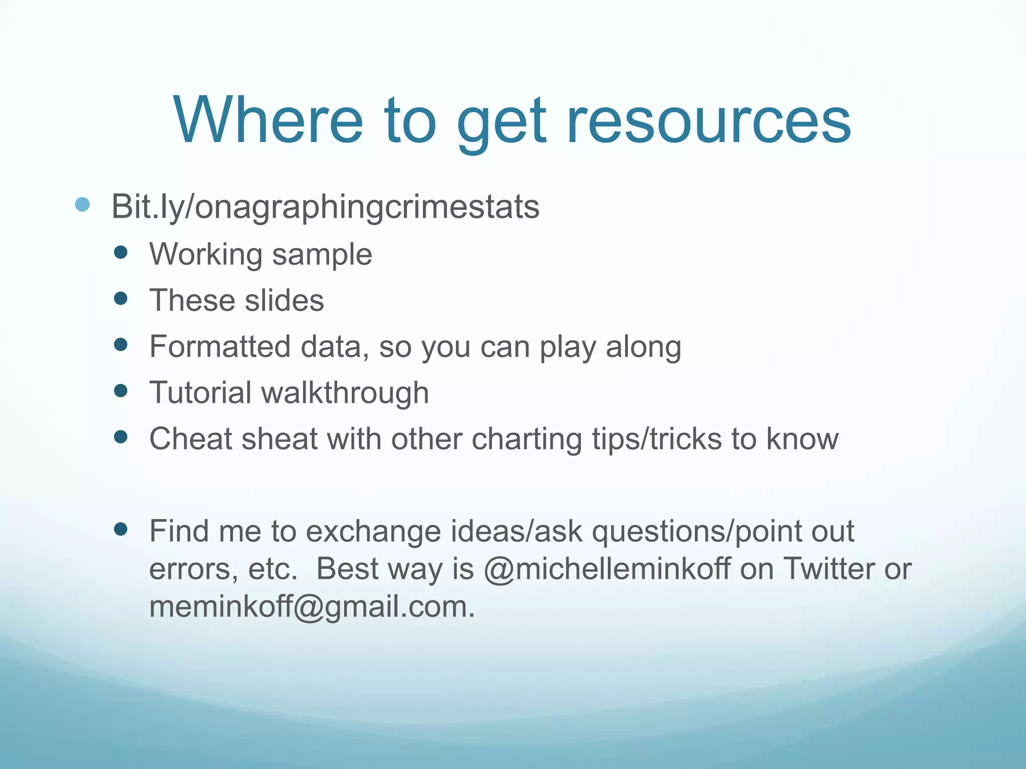 Where to get resourcesBit.ly/onagraphingcrimestatsWorking sampleThese slidesFormatted data, so you can play alongTutorial walkthroughCheat sheat with other charting tips/tricks to knowFind me to exchange ideas/ask questions/point out errors, etc.  Best way is @michelleminkoff on Twitter or meminkoff@gmail.com.	