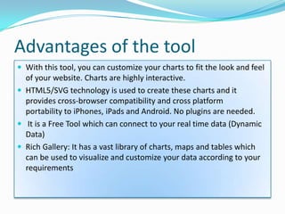 Advantages of the tool
 With this tool, you can customize your charts to fit the look and feel
  of your website. Charts are highly interactive.
 HTML5/SVG technology is used to create these charts and it
  provides cross-browser compatibility and cross platform
  portability to iPhones, iPads and Android. No plugins are needed.
 It is a Free Tool which can connect to your real time data (Dynamic
  Data)
 Rich Gallery: It has a vast library of charts, maps and tables which
  can be used to visualize and customize your data according to your
  requirements
 