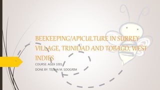 BEEKEEPING/APICULTURE IN SURREY
VILLAGE, TRINIDAD AND TOBAGO, WEST
INDIES
COURSE: AGEX 1001
DONE BY: TISSHA M. SOOGRIM
 