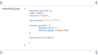 manifest.json {
"manifest_version":2,
"name":"APP1",
"version":"1.0.0",
"description":"テストアプリ",
"browser_action": {
"default_title":"",
"default_popup":"popup.html"
},
"permissions":["tabs"]
}
}
 