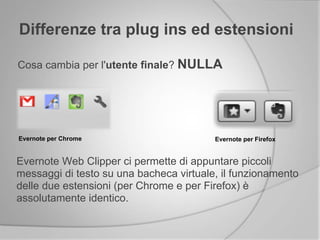 Cosa cambia per l'utente finale? NULLA
Differenze tra plug ins ed estensioni
Evernote Web Clipper ci permette di appuntare piccoli
messaggi di testo su una bacheca virtuale, il funzionamento
delle due estensioni (per Chrome e per Firefox) è
assolutamente identico.
Evernote per Chrome Evernote per Firefox
 