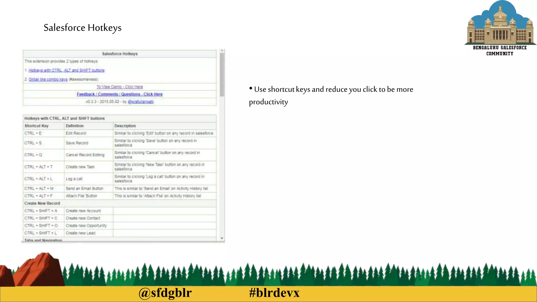 @sfdgblr #blrdevx
Salesforce Hotkeys
• Useshortcutkeysand reduceyouclick tobemore
productivity
 