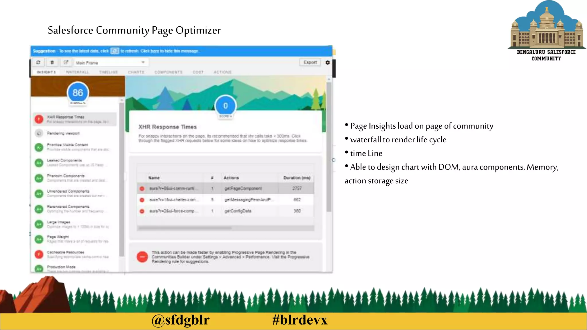 @sfdgblr #blrdevx
Salesforce CommunityPage Optimizer
• PageInsightsloadon pageofcommunity
• waterfalltorenderlifecycle
• timeLine
• AbletodesignchartwithDOM,auracomponents,Memory,
actionstoragesize
 