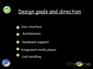 Design goals and direction
User interface
Architecture
Hardware support
Integrated media player
Link handling

 