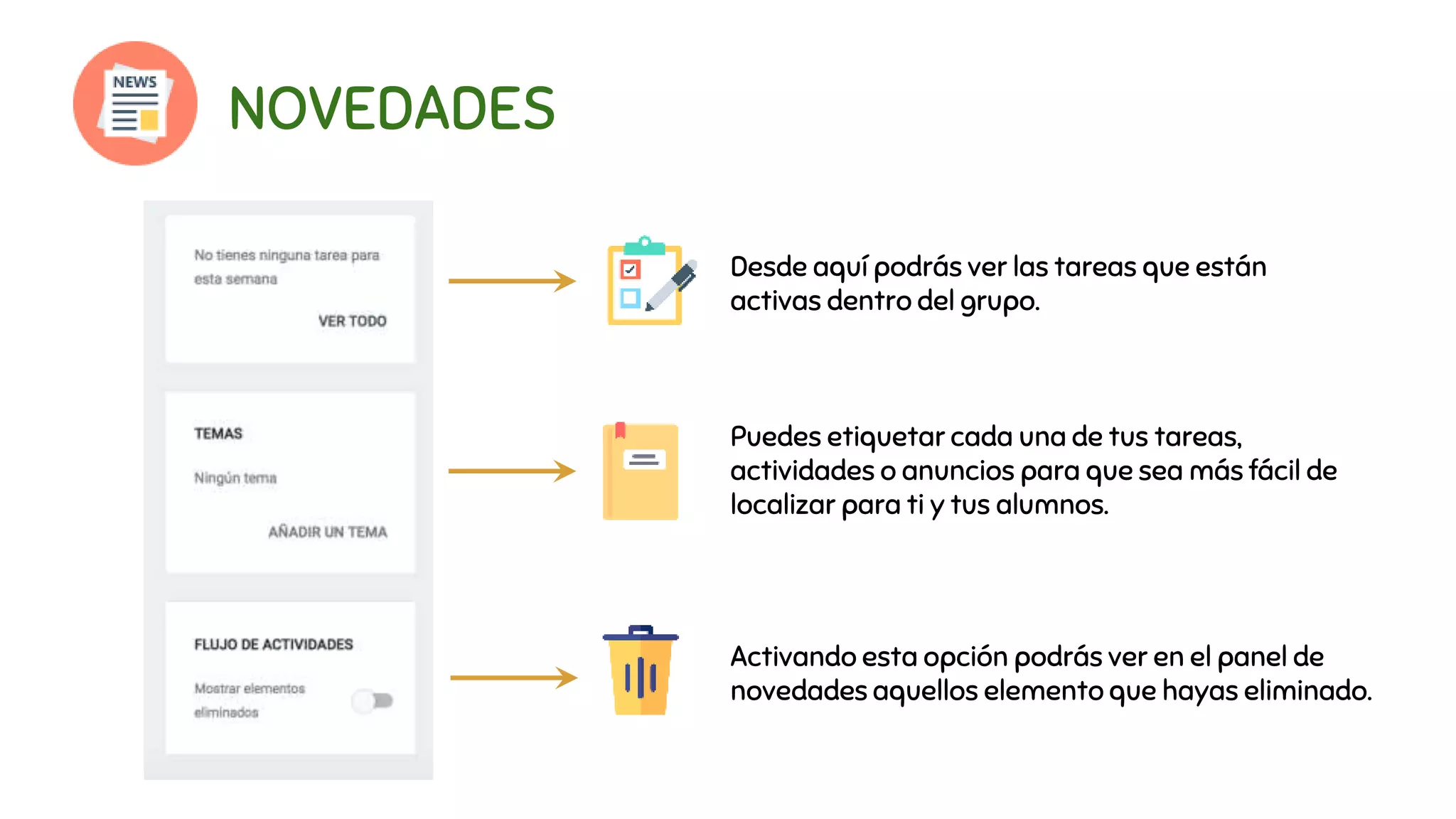 NOVEDADES
Desde aquí podrás ver las tareas que están
activas dentro del grupo.
Puedes etiquetar cada una de tus tareas,
actividades o anuncios para que sea más fácil de
localizar para ti y tus alumnos.
Activando esta opción podrás ver en el panel de
novedades aquellos elemento que hayas eliminado.
 