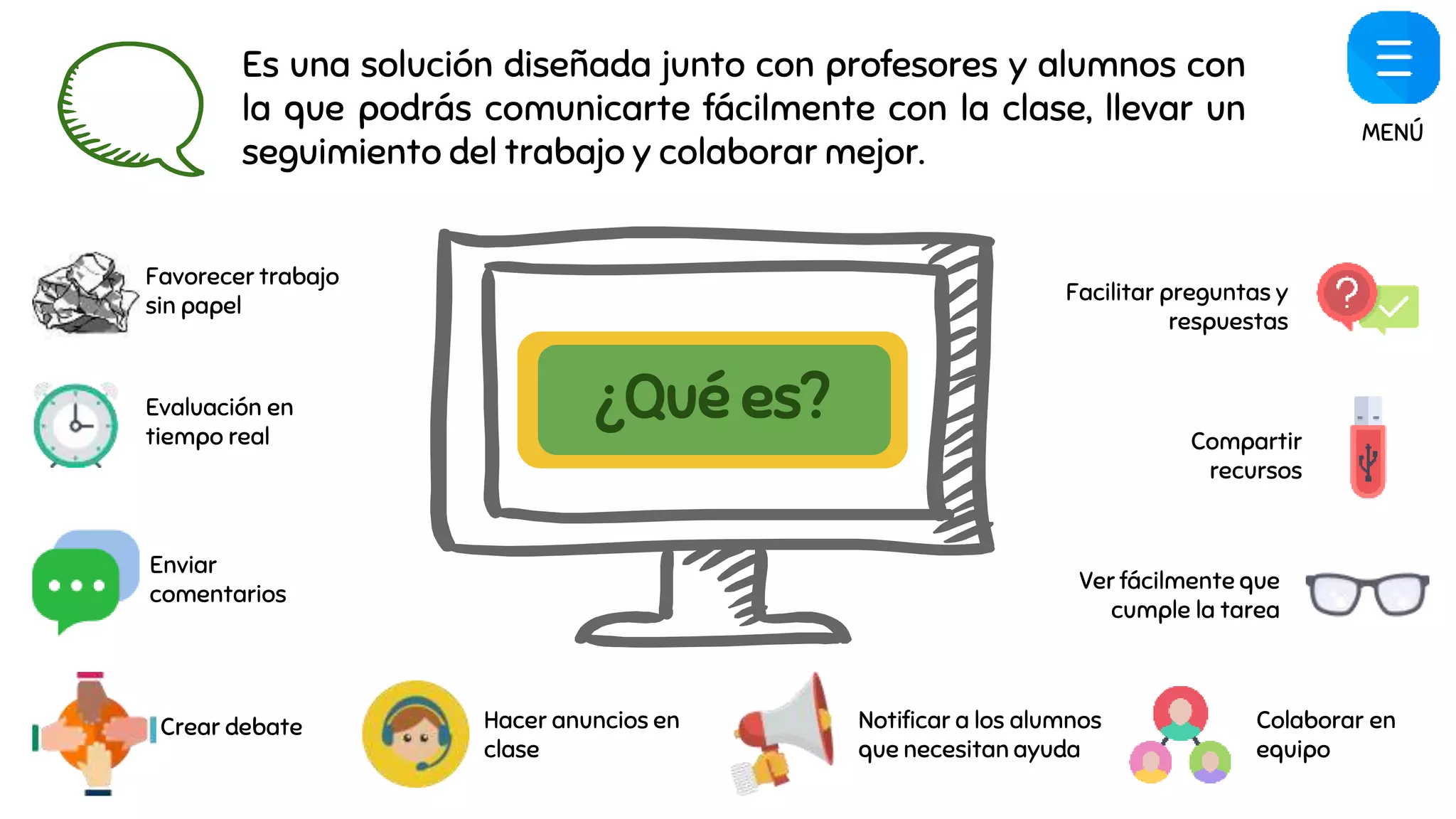 ¿Qué es?
Favorecer trabajo
sin papel
Evaluación en
tiempo real
Enviar
comentarios
Crear debate Hacer anuncios en
clase
Notificar a los alumnos
que necesitan ayuda
Colaborar en
equipo
Ver fácilmente que
cumple la tarea
Compartir
recursos
Facilitar preguntas y
respuestas
Es una solución diseñada junto con profesores y alumnos con
la que podrás comunicarte fácilmente con la clase, llevar un
seguimiento del trabajo y colaborar mejor.
MENÚ
 