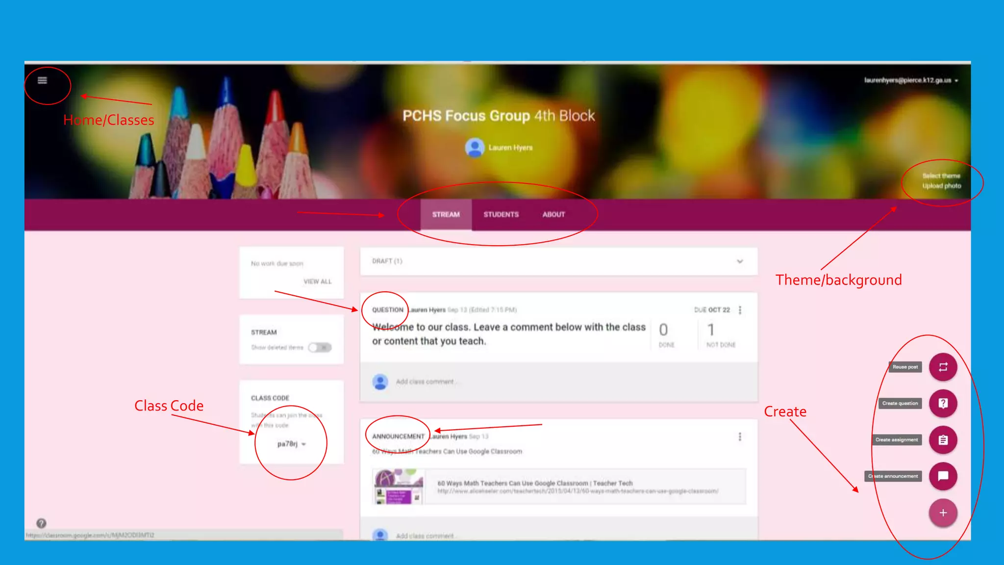 Home/Classes
Class Code
Theme/background
Create