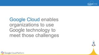 Google Cloud enables
organizations to use
Google technology to
meet those challenges
 