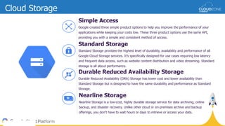 Durable Reduced Availability Storage
Durable Reduced Availability (DRA) Storage has lower cost and lower availability than
Standard Storage but is designed to have the same durability and performance as Standard
Storage.
Standard Storage
Standard Storage provides the highest level of durability, availability and performance of all
Google Cloud Storage services. It’s specifically designed for use cases requiring low latency
and frequent data access, such as website content distribution and video streaming. Standard
storage is all about performance.
Simple Access
Google created three simple product options to help you improve the performance of your
applications while keeping your costs low. These three product options use the same API,
providing you with a simple and consistent method of access.
Cloud Storage
Nearline Storage
Nearline Storage is a low-cost, highly durable storage service for data archiving, online
backup, and disaster recovery. Unlike other cloud or on-premises archive and backup
offerings, you don’t have to wait hours or days to retrieve or access your data.
 