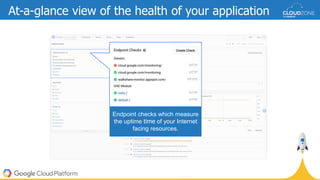 Endpoint checks which measure
the uptime time of your Internet
facing resources.
At-a-glance view of the health of your application
 