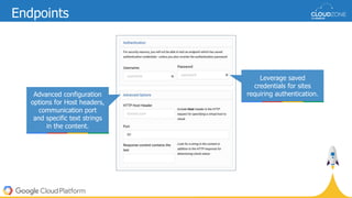 Advanced configuration
options for Host headers,
communication port
and specific text strings
in the content.
Leverage saved
credentials for sites
requiring authentication.
Endpoints
 