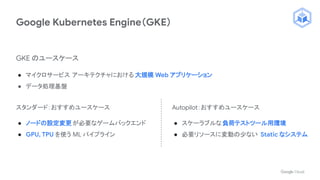 Google Kubernetes Engine（GKE）
スタンダード：おすすめユースケース
● ノードの設定変更が必要なゲームバックエンド
● GPU, TPU を使う ML パイプライン
Autopilot：おすすめユースケース
● スケーラブルな負荷テストツール用環境
● 必要リソースに変動の少ない Static なシステム
GKE のユースケース
● マイクロサービス アーキテクチャにおける 大規模 Web アプリケーション
● データ処理基盤
 
