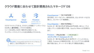 クラウド環境に合わせて設計開発されたマネージド DB
クラウド ネイティブ DB は、クラウド上の複数ゾーンやリージョン
を活用した高可用性と、クラウドの柔軟な
リソースを活用したスケーラビリティを備えている。
アップグレードやメンテナンスも完全無停止で行われる。
Cloud Spanner
高可用性、スケーラビリティ、運用容易性、SQL のサポートなどを
備えた、フルマネージド RDBMS 。
Cloud Bigtable
NoSQL の一種であるワイド カラムストアを提供。高スループット
と低レイテンシな読み書きが可能。 Apache HBase との互換性も
あり。
Firestore
(ネイティブモード / Datastore モード)
NoSQL の一種であるドキュメント ストアをサーバーレス DB とし
て提供。Firebase との親和性が高く、モバイルアプリから直接接
続が可能であり、サーバーサイド要らずで開発を高速化。
KVS / ワイドカラム
ドキュメントDB
リレーショナルDB
Cloud
Bigtable
Cloud Spanner Firestore
ネイティブモード
Datastore モード
サーバーレス
AlloyDB は、PostgreSQL をクラウドネイティブDB として
提供した、両方の特性を持つデータベース。
 