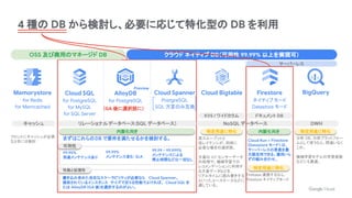 AlloyDB
for PostgreSQL
Preview
4 種の DB から検討し、必要に応じて特化型の DB を利用
Cloud Bigtable
Cloud Spanner
PostgreSQL
SQL 方言のみ互換
Cloud SQL
for PostgreSQL
for MySQL
for SQL Server
BigQuery
Firestore
ネイティブモード
Datastore モード
Memorystore
for Redis
for Memcached
OSS 及び商用のマネージド DB クラウド ネイティブ DB（可用性 99.99% 以上を実現可）
キャッシュ リレーショナルデータベース（SQL データベース） DWH
NoSQL データベース
KVS / ワイドカラム ドキュメント DB
（GA 後に選択肢に）
サーバーレス
特定用途に特化
まずはこれらのDB で要件を満たせるかを検討する。
内製化向き
特定用途に特化
特定用途に特化
内製化向き
Cloud Run + Firestore
(Datastore モード) は、
サーバーレスの恩恵を最
大限活用できる、運用いら
ずの組み合わせ。
分析 DB、分析プラットフォー
ムとして使うなら、間違いなく
これ。
機械学習モデルの学習基盤
などにも最適。
Firebase 連携するなら、
Firestore ネイティブモード
高スループットと
低レイテンシが、同時に
必要な場合の選択肢。
大量の IoT センサーデータ
の処理や、機械学習での
レコメンデーションに利用す
る大量データなどを、
リアルタイムに読み書きする
といったユースケースなどに
適している。
99.95%
別途メンテナンスあり
99.99%
メンテナンス含む SLA
99.99 ~ 99.999%
メンテナンスによる
停止時間などは一切なし
書き込み含めた自在なスケーラビリティが必要なら Cloud Spanner。
提供されているインスタンス サイズで足りる性能でよければ、 Cloud SQL ま
たは AlloyDB (GA 後)を選択するのがよい。
可用性
性能と拡張性
フロントにキャッシュが必要
なときには検討
 