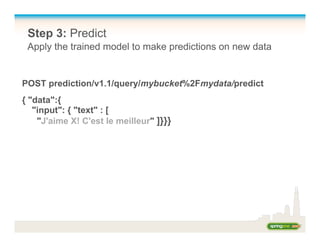 Step 3: Predict
Apply the trained model to make predictions on new data
POST prediction/v1.1/query/mybucket%2Fmydata/predict
{ "data":{
"input": { "text" : [
"J'aime X! C'est le meilleur" ]}}}
 