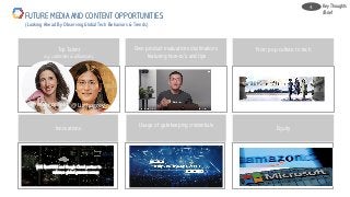 Top Talent
e.g. celebrities & influencers,
Own product evaluations destinations
featuring how-to’s and tips
From pop-culture to tech
Innovations Usage of gatekeeping credentials Equity
FUTURE MEDIA AND CONTENT OPPORTUNITIES
(Looking Ahead By Observing Global Tech Behaviors & Trends)
@Lizthegrey@awagonfeld
WuXi NextCODE and Google Cloud partner to
enhance global genomic access
Key Thoughts
/Brief
4.
 
