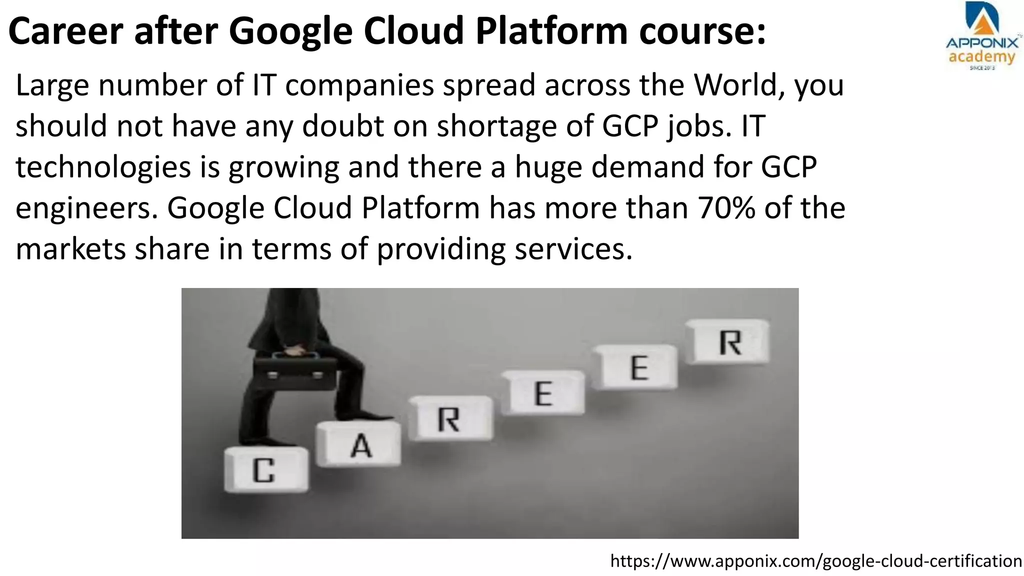 https://www.apponix.com/google-cloud-certification
Career after Google Cloud Platform course:
Large number of IT companies spread across the World, you
should not have any doubt on shortage of GCP jobs. IT
technologies is growing and there a huge demand for GCP
engineers. Google Cloud Platform has more than 70% of the
markets share in terms of providing services.
 