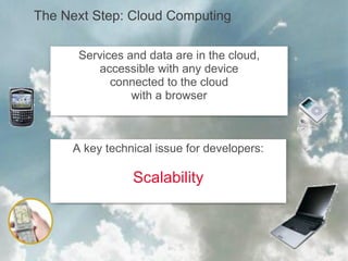 The Next Step: Cloud Computing Services and data are in the cloud, accessible with any device connected to the cloud with a browser A key technical issue for developers: Scalability 