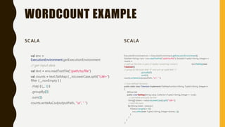 WORDCOUNT EXAMPLE
SCALA
val env =
ExecutionEnvironment.getExecutionEnvironment
// get input data
val text = env.readTextFile("/path/to/file")
val counts = text.flatMap { _.toLowerCase.split("W+")
filter { _.nonEmpty } }
.map { (_, 1) }
.groupBy(0)
.sum(1)
counts.writeAsCsv(outputPath, "n", " ")
SCALA
ExecutionEnvironment env = ExecutionEnvironment.getExecutionEnvironment();
DataSet<String> text = env.readTextFile("/path/to/file"); DataSet<Tuple2<String, Integer>>
counts =
// split up the lines in pairs (2-tuples) containing: (word,1) text.flatMap(new
Tokenizer())
// group by the tuple field "0" and sum up tuple field "1"
.groupBy(0)
.sum(1);
counts.writeAsCsv(outputPath, "n", " ");
// User-defined functions
public static class Tokenizer implements FlatMapFunction<String, Tuple2<String, Integer>>
{
@Override
public void flatMap(String value, Collector<Tuple2<String, Integer>> out) {
// normalize and split the line
String[] tokens = value.toLowerCase().split("W+");
// emit the pairs
for (String token : tokens) {
if (token.length() > 0) {
out.collect(new Tuple2<String, Integer>(token, 1));
}
}
}
}
 