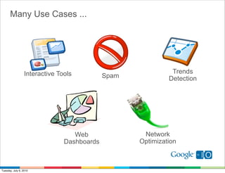 Many Use Cases ...




                  Interactive Tools                           Trends
                                             Spam            Detection




                                   Web               Network
                                Dashboards          Optimization



Tuesday, July 6, 2010
 