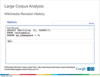 Large Corpus Analysis
      Wikimedia Revision History




      Wikimedia Revision history data from: http://download.wikimedia.org/enwiki/latest/
      enwiki-latest-pages-meta-history.xml.7z


Tuesday, July 6, 2010
 